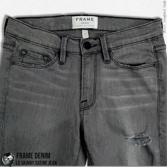 FRAME DENIM LE SKINNY SATINE DESTROYED JEANS IN GREY’S INN DARK GREY SIZE 27 - Picture 7 of 13